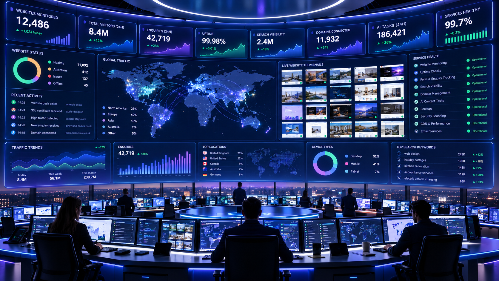 Monitoring screens keeping watch over the customer websites Ourbizz looks after